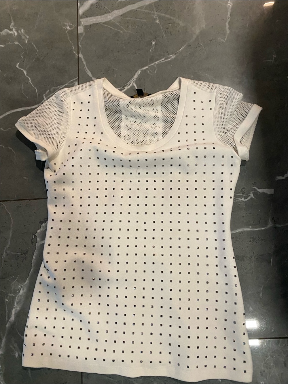 Alberto Makali White Short-Sleeve Studded Mesh Knit Top
